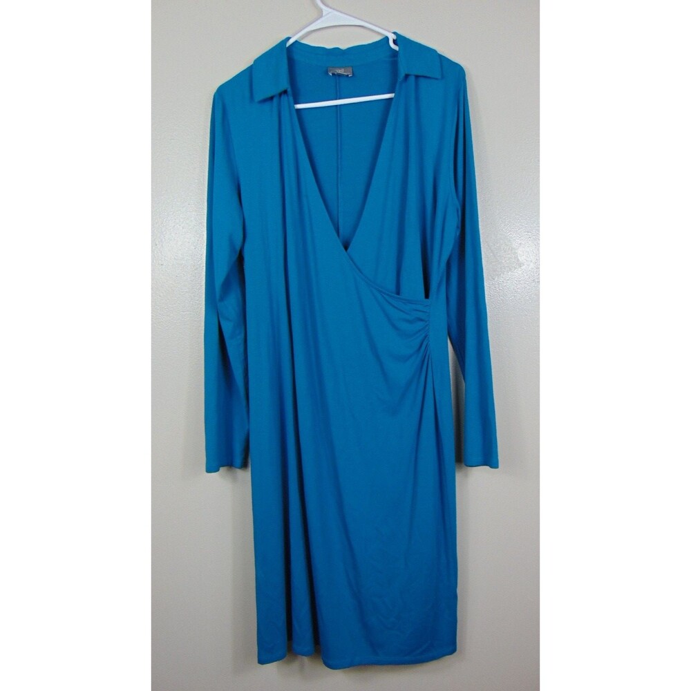 J.Jill Faux Wrap Dress Womens Medium Turquoise Blue Long Sleeve Collared Knee M